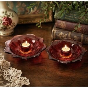 Vintage Amberina Lotus Glass Candle Holders Pair 5" Red Orange Fenton? 3 Footed